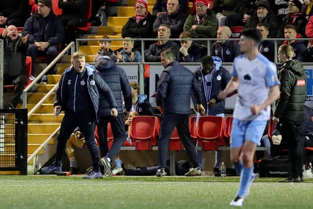 An animated Damien Duff in the dug out at Brandywell. He'll go head to head with Ruaidhri Higgins this weekend.