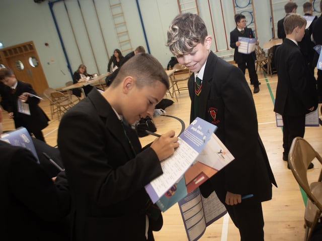 Year 8 students Kian Town and Riley Doherty taking part in one of the exercises during Tuesday's Young Enterprise workshops at St. Joseph's Boys School. (Photos: Jim McCafferty Photography)