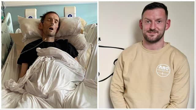Cathal Doherty, on left when he was in Altnagelvin Hospital and on right, pictured this week at ARC Fitness.