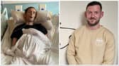 Cathal Doherty, on left when he was in Altnagelvin Hospital and on right, pictured this week at ARC Fitness.