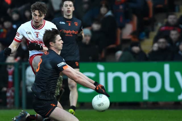 Armagh's Ben Creeley gets a crucial block in on Eoin McEvoy's shot during Saturday's McKenna Cup semi-final in the Atheltic Grounds. (Photo: John Merry)