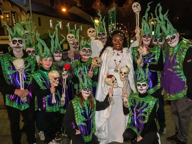 The Mayor Councillor Lilian Seenoi-Barr who dressed as a Derry Girls Angel as she joined groups from across the North West for Derry City and Strabane District Council's community based Halloween Carnival Parade. Picture Martin McKeown. 31.10.24