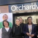 Pictured at the opening of the new Orchardville hub are front row l-r - staff members Grainne Bradley, Louise Macrory, The Mayor Lilian Seenoi-Barr, Cara Cash-Marley, Chief Executive with Orchardville, and Geraldine McKeever. Behind l-r are two local Orchardville participants and Lydia Lynas, Director of Employment and Community Inclusion, Orchardville.