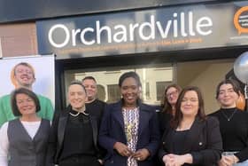 Pictured at the opening of the new Orchardville hub are front row l-r - staff members Grainne Bradley, Louise Macrory, The Mayor Lilian Seenoi-Barr, Cara Cash-Marley, Chief Executive with Orchardville, and Geraldine McKeever. Behind l-r are two local Orchardville participants and Lydia Lynas, Director of Employment and Community Inclusion, Orchardville.