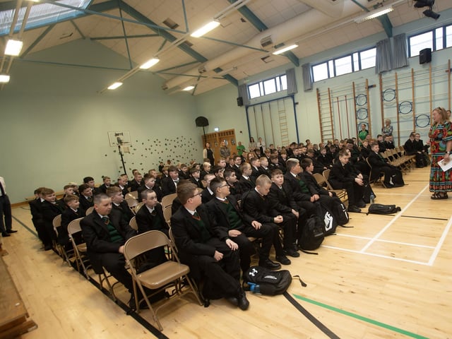 Mrs. Carla Hagan chatting to the new Year 8s pictured at their first assembly in St. Joseph's Boys School on Monday morning. (Photos: Jim McCafferty Photography) : St. Joseph's Boys School welcomes latest influx of Year 8 pupils