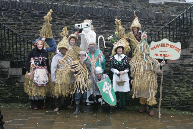 Thge Aughakillymaude Cxommunity Mummers, from Derrylin, who performed in Derry over the weekend as part of the St. Patrick's Day celebrations. (1803C84)