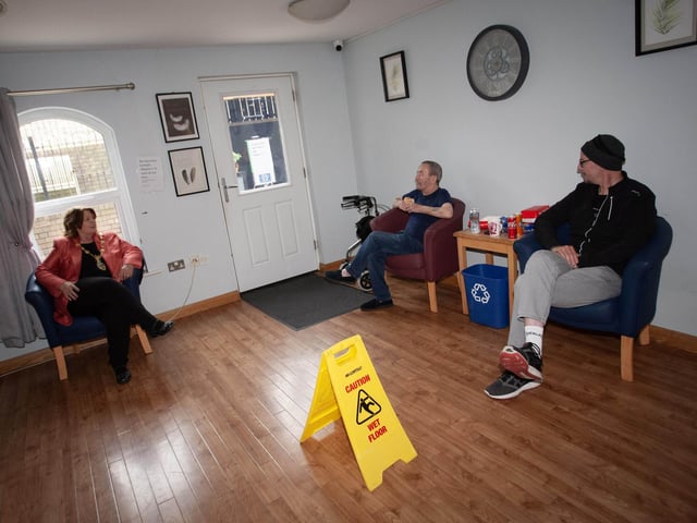 Jimmy McCourt and Michael Ferris in conversation with the Mayor, Patricia Logue during Friday's Feile 23 House in the Wells Barbecue.