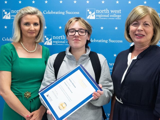 Parker Benson pictured with Dr. Lynda Hegarty, Head of Health, Sport and Science at NWRC, and Dr. Catherine O'Mullan, Director of Curriculum and Academic Standards at NWRC, at the Best in Further Education celebrations at North West Regional College.