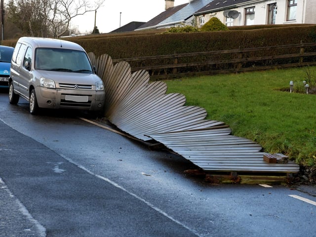 Fencing along Adler Road damaged by Storm Isha. Photo: George Sweeney