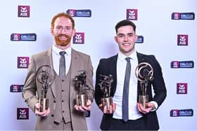 AIB GAA Club Footballer of the Year Conor Glass, left, and AIB GAA Club Hurler of the Year Paddy Deegan with their awards during the AIB GAA Club Players Awards, held at Croke Park in Dublin. Photo by Sam Barnes/Sportsfile