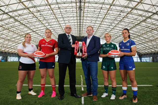 From left, Ulster’s Sadhbh McGrath, Munster’s Dorothy Wall, IRFU President Greg Barrett, Head of Sponsorship at Vodafone Ireland Gerry Nixon, Connacht’s Aoibheann Reilly and Leinster’s Natasja Behan.  (Photo: INPHO/Ben Brady)