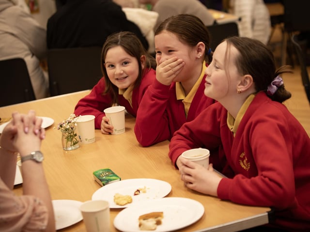 Some of the Steelstown PS pupils taking time out to chat to mums during Friday's Coffee Morning.