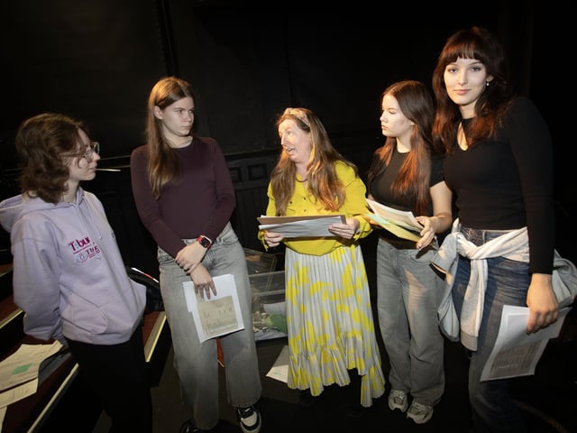 Director Cat Brogan in conversation with some of her Churches Trust volunteers before Friday's production of 'The Voyage of the Fellowship' at The Playhouse, Derry. : .