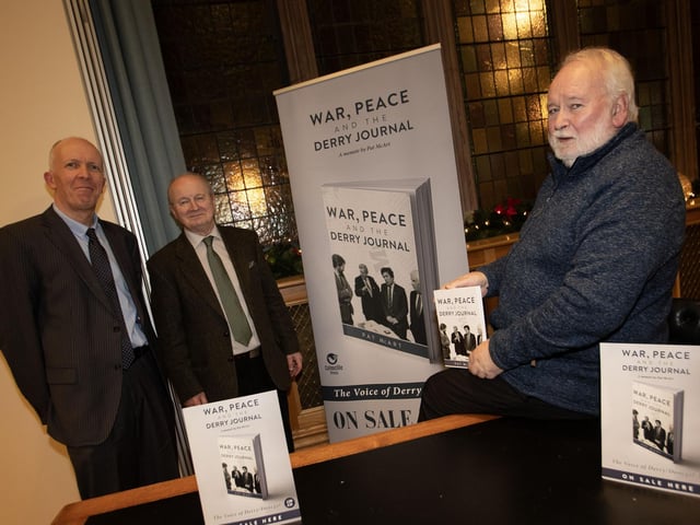 Author Pat McArt pictured before Thursday's book launch with Garbhan Downey, Colmcille Press and Martin Cowley, guest speaker.