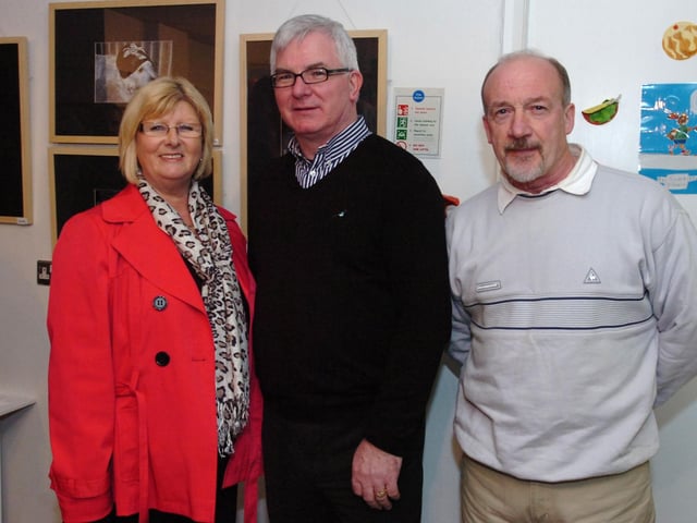 From left, Kathleen Ferguson, Joe Glackin and Michael Gallagher with some of the artwork exhibited at the Eden Place Arts Centre end of term exhibition. (2212PG01)