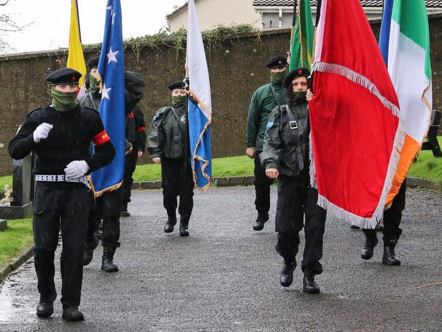 The Colour Party at the IRSP Easter wreath laying commemoration at the Republican Socialist plot, City Cemetery. (Photo - Deirdre Heaney, nwpresspics)