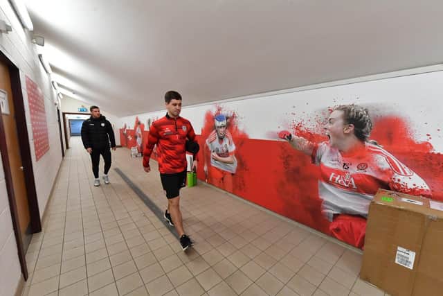 Derry City goalkeeper Brian Maher and coach Patrick McEleney at the GAA Centre of Excellence Owenbeg.  Photograph: George Sweeney