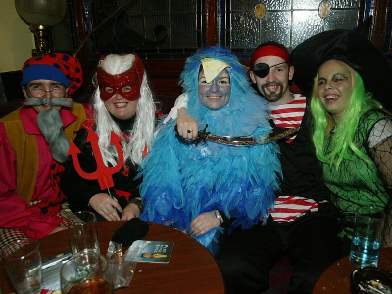 Molloy clan from the Glebe, Sion Mills enjoying a drink in the Linenhall Bar. Included are Lumen Christi teacher Sean and family members Michelle, Geraldine, Danielle and friend Elaine McGrinder. (0311JB57):20 YEARS ON: Halloween celebrations in Derry in 2003