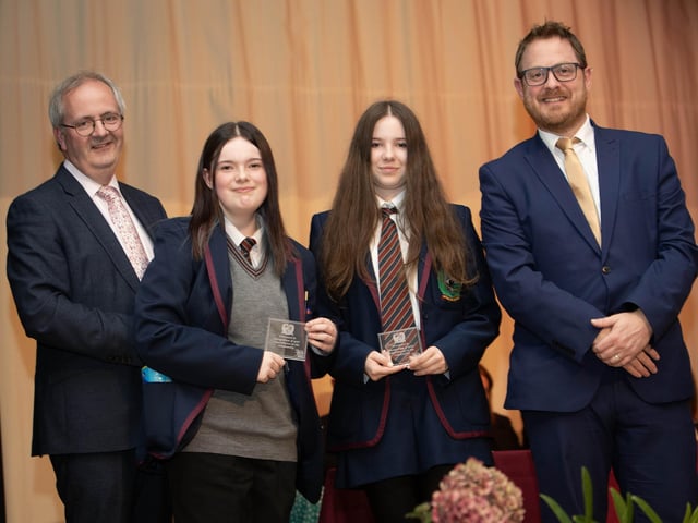 Mr. John Harkin, Principal and Mr. Sean Pettis, pictured with some of the awards winners on Thursday last.