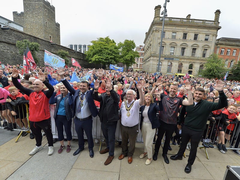 Mayor Ruairí McHugh and Mayor of Causeway Coast and Glens Oliver McMullan alongside organisers and sponsors of the 2025 Foyle Cup. Photo: George Sweeney
