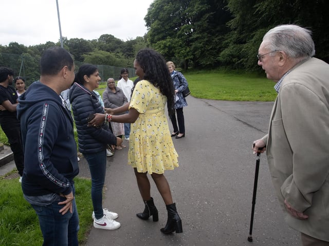 The Mayor pictured at the tree planting at St. Columb's Park on Saturday. She is meeting family members of the two boys who lost their lives at Enagh Lough in 2022. On right is Dr. Robert Murtland, Enagh Seniors Group.