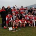 Derry Under 20 players and management celebrate their Ulster Under 20 Championship success in Corrigan Park on Sauday. (Photo: Derry GAA)