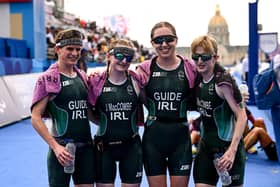 From left, guide Eimear Nicholls, Judith MacCombe, guide Catherine Sands, and Chloe MacCombe, after the women's PTVI race on day five of the Paris 2024 Paralympic Games. Photo: Ramsey Cardy/Sportsfile