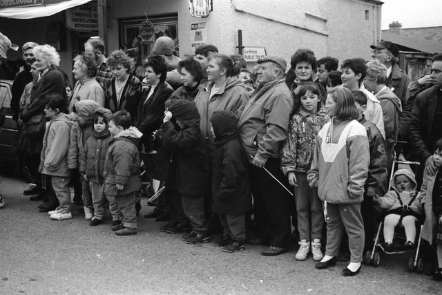 Onlookers at the St. Patrick's Day parade in Moville on March 17, 1993.