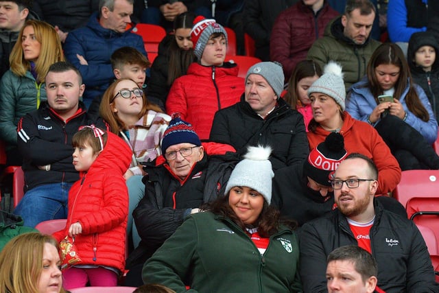 Fans at Derry’s opening National League Division Two gameat Owenbeg on Saturday afternoon. Photo: George Sweeney. DER2305GS – 153