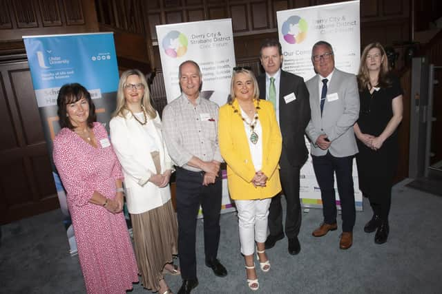 HOMESS AND INCLUSION HEALTH WORKSHOPS. . . . . .The Mayor of Derry City and Strabane District Council, Sandra Duffy pictured at Thursday’s Homelessness and Inclusion Health Workshop at the Guildhall, Derry. Included from left are Professor Patricia McClure, Ulster University, Dr. Nora Church, GP, Tony Doherty, Health Living Centre Alliance, Seamus Donaghy, Head of Well-Being and Community Health, DCSDC, Eddie Doherty, Housing Executive and Caitriona McHugh, Event Facilitator. (Photos: Jim McCafferty Photography)