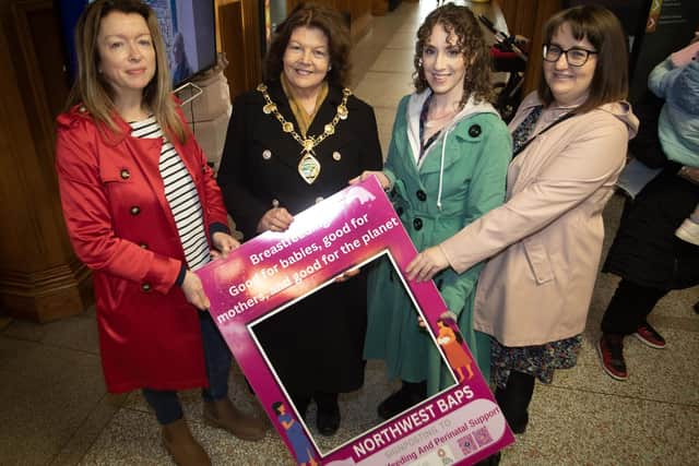 The Mayor of Derry City and Strabane District Council, Patricia Logue pictured with Dr. Maria Herron, North West BAPS, Gráinne Evans, Poet and La Leche League Leader and Dr. Noella Gormley, North West BAPS at the Guildhall on Thursday morning to mark World Breastfeeding in Public Day. Photos: Jim McCafferty Photography