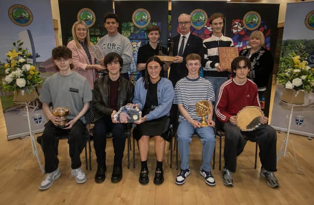 McCarroll Prize for English , Father McElhinney Award for Geography , Bishop's Prize for Religious Studies, The John Hume Prize for Government and Politics, Frank McAuley Prize for History, The Ross McCartney Prize for Irish History and The Performing Arts Prize award winners pictured on Thursday evening at St. Columb's College. Front from left, Jake Murray, Aidan McDaid, Miss Grace McGowan (Head of Music), Ben Crawley, and Cathal McNicholl. At back from left are Mrs Aisling Leonard (Head of English), Logan Davis-Moran, Luca Duffy, Mr Liam Boyle (Head of History/ Government and Politics), Aaron O Doherty, and Miss Lisa Doherty (Head of Religious Studies). : .