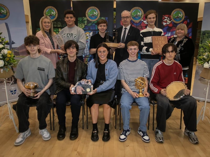 McCarroll Prize for English , Father McElhinney Award for Geography , Bishop's Prize for Religious Studies, The John Hume Prize for Government and Politics, Frank McAuley Prize for History, The Ross McCartney Prize for Irish History and The Performing Arts Prize award winners pictured on Thursday evening at St. Columb's College. Front from left, Jake Murray, Aidan McDaid, Miss Grace McGowan (Head of Music), Ben Crawley, and Cathal McNicholl. At back from left are Mrs Aisling Leonard (Head of English), Logan Davis-Moran, Luca Duffy, Mr Liam Boyle (Head of History/ Government and Politics), Aaron O Doherty, and Miss Lisa Doherty (Head of Religious Studies). : .