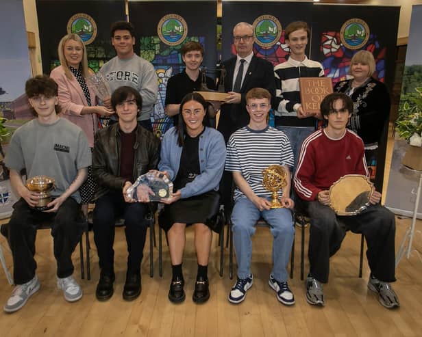 McCarroll Prize for English , Father McElhinney Award for Geography	, Bishop's Prize for Religious Studies, The John Hume Prize for Government and Politics, Frank McAuley Prize for History, The Ross McCartney Prize for Irish History and The Performing Arts Prize award winners pictured on Thursday evening at St. Columb's College. Front from left, Jake Murray, Aidan McDaid, Miss Grace McGowan (Head of Music), Ben Crawley, and Cathal McNicholl. At back from left are Mrs Aisling Leonard (Head of English), Logan Davis-Moran, Luca Duffy, Mr Liam Boyle (Head of History/ Government and Politics), Aaron O Doherty, and Miss Lisa Doherty (Head of Religious Studies). : .