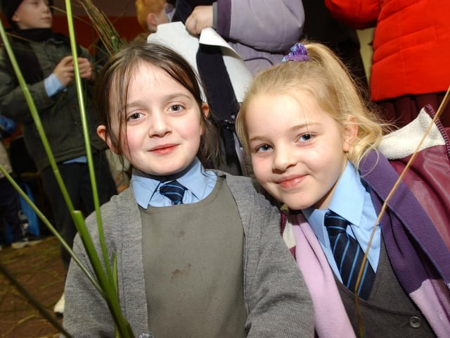 Sarah McLaughlin and Rebecca Conwell, St Anne's PS making crosses in Creggan.
