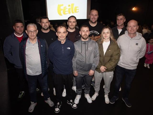 Oakleaf ABC officials and coaches pictured at Tuesday's Feile production premiere of 'Oakleaf Boxing Club - From Little Acorns, Mighty Oak Trees Grow'. Included are Sean Robinson, Edmund Donnelly, Gary McGilloway, Eugene O'Kane Junior, Sean Devenney, Paul Burke, Joe Allen, Carleigh Irving, Dean McDaid and Darragh Cairns.