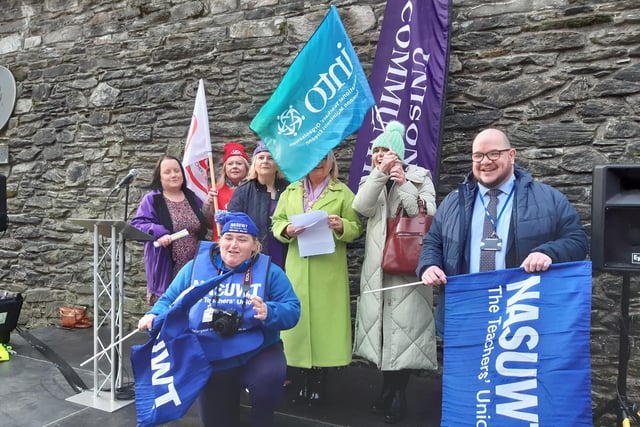 The Mayor, Sandra Duffy, with trade union representatives who addressed the rally on Tuesday.