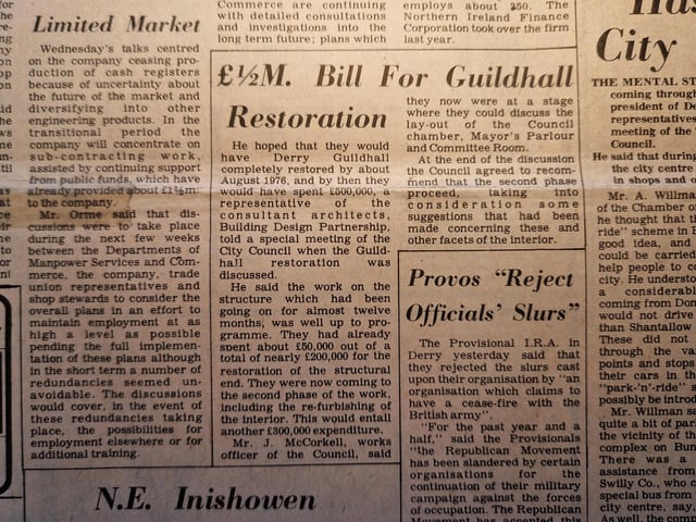 The intro reads: "He hoped that they would have Derry Guildhall completely restored by about August 1976, and by then they would have spent £500,000 a representative of the consultant architects, Building Design Partnership, told a special meeting of the City Council when the Guildhall restoration was discussed."