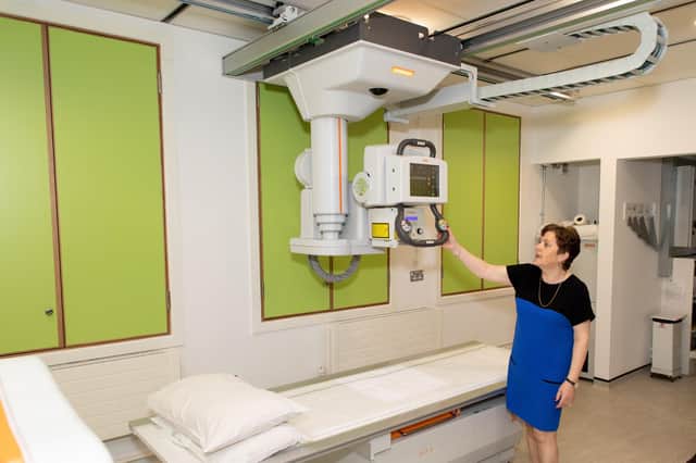 Eileen Homes, radiographer, demonstrating the equipment at the community radiology diagnostic services in Carndonagh during its launch in 2019.
