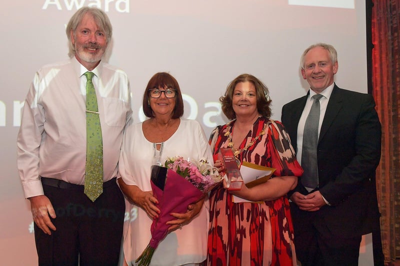 The Lifetime Achievement Award winner was Johnny McDaid, represented here by his mother Pauline, second from left, pictured with Mayor Patricia Logue from category sponsor Derry City & Strabane District Council, Paul McLean from Principal Sponsor BetMcLean, on the right, and Derry Journal senior editor William Allen. Photo: George Sweeney. DER2325GS – 57