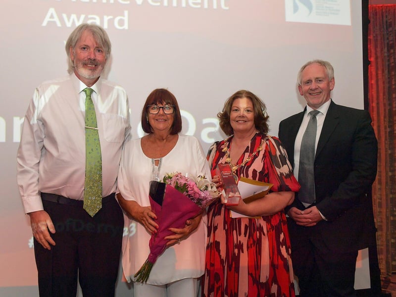 The Lifetime Achievement Award winner was Johnny McDaid, represented here by his mother Pauline, second from left, pictured with Mayor Patricia Logue from category sponsor Derry City & Strabane District Council, Paul McLean from Principal Sponsor BetMcLean, on the right, and Derry Journal senior editor William Allen. Photo: George Sweeney. DER2325GS – 57