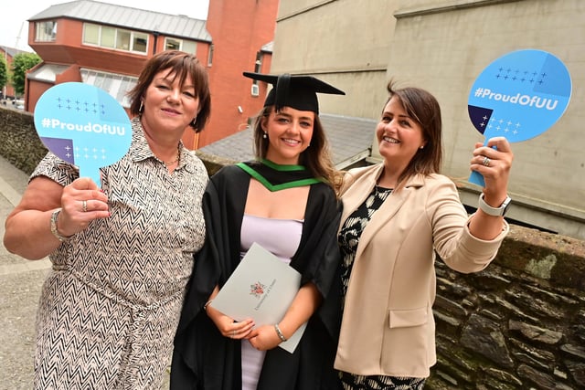 Graduating on the same day as her mum did 27 years ago, Orla McMullan from Dunloy completes her course in BSc (Hons) Podiatry from Ulster University Derry alongside auntie Sinead Atkinson and mum Rosemary McMullan.
