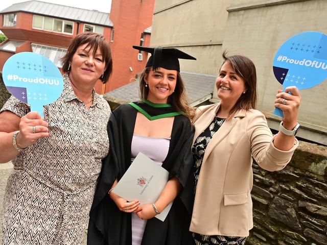 Graduating on the same day as her mum did 27 years ago, Orla McMullan from Dunloy completes her course in BSc (Hons) Podiatry from Ulster University Derry alongside auntie Sinead Atkinson and mum Rosemary McMullan.