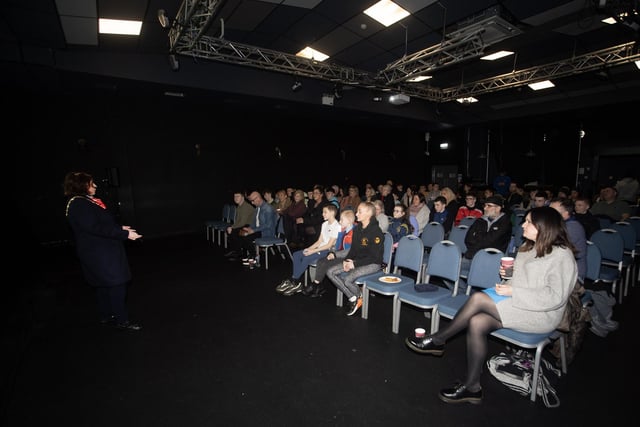 The Mayor, Patricia Logue addressing the capacity attendance at Monday's film premier 'Rath Mór Warriors - Release Your Inner Warrior' at the Nerve Centre, Derry.