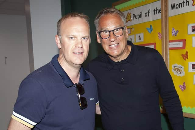 Derry Journal Sports Editor Michael Wilson with Arsenal legend Paul Merson in St. Cecilia's College on Monday evening.