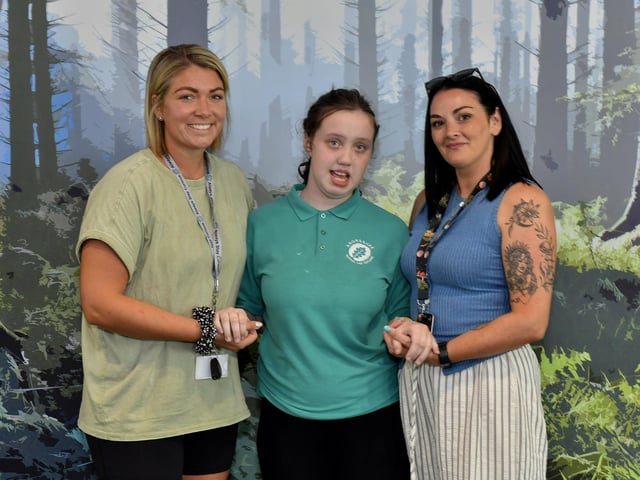 Teacher Mrs Doherty ( left) and Mrs Coyle SNA their P7 pupil Jessica at Ardnashee Academy, Northland Road.