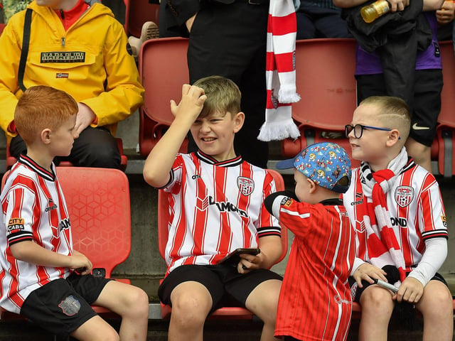 Fans attend the Derry City open training session on Monday morning in  Brandywell Stadium. The event was organised at part of the Gasyard Feile.  Photo: George Sweeney / Derry Journal