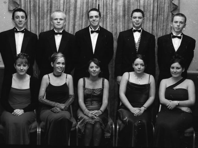 Front, from left, are Maria Brolly, Patricia Deery, Bronagh Mullan, Amy Huey and Ann Marie Kelly. Standing, from left, are Simon Fowler, Mark Sheridan, Eamon Duffy, Martin McCafferty and John Deery at the St. Columb's College Annual Formal in November 1999.
