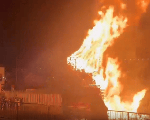 The bonfire on the Lecky Road ablaze on Saturday.
