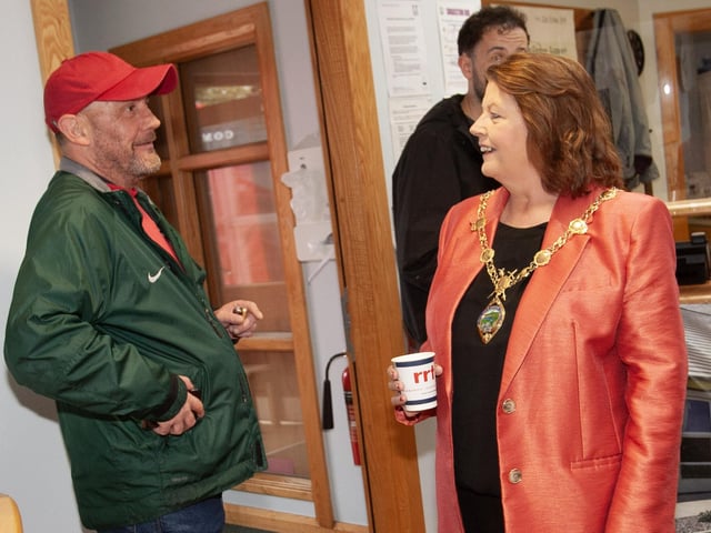 Sean Bradley in conversation with the Mayor Patricia Logue during Friday's visit to the House in the Wells.